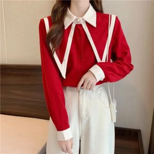 Chemise Kaki rouge boutonné chemise à volants pointus col rabattu chemisier haut pour femme vêtements de mode coréenne bureau dame chemises de travail Blusas