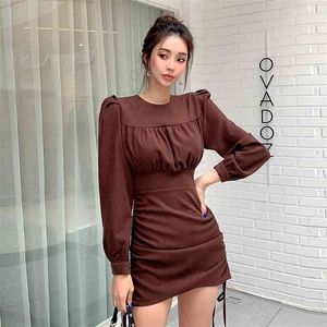 Chemise coréenne dames automne manches longues col rond marron sexy discothèque fête mini robes pour womoen Chine vêtements 210602