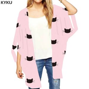 Chemise kyku marque chat lâche kimono femmes cardigans imprimé animaux chemises roses graffiti