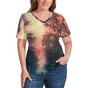 Shirt magisch bos plus size lucht en sterren print vintage t shirts korte mouw v nek casual tees dames zomerpatroon tops