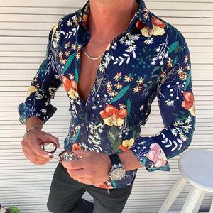 Camisa de manga larga para hombre, camisa informal con estampado de flores, ajustada, con cuello vuelto, blusa salvaje, Tops hawaianos, Camisa de los hombres