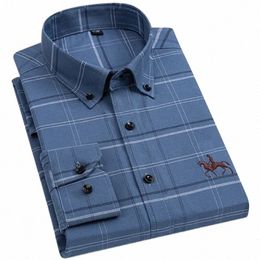 Shirt Heren Pure Cott Oxford Geborduurd Paard Casual Zonder Zak Effen Lg Mouw Blauw Dr Shirt Mannen Plus Size 5XL 6XL C60R #