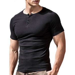 Shirt heren met korte mouwen t-shirt Henry kraag Amerikaans pure katoenen strakke passende sporten en fiest top