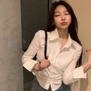 Shirt MEXZT Camisas Blancas Mujer Moda Coreana Manga Larga Slim Chic Crop Tops Office Lady Solid Turn Down Collar Blusas Casuales con Botones