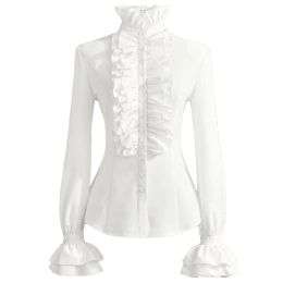 Chemise Nouvelles Femmes Automne Manches Longues Victorien Steampunk Bouton Blouse Vintage Chemise Col Haut Solide Gothique À Volants Manches T-Shirts