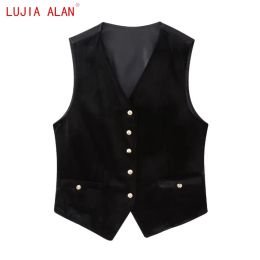 Chemise nouveau femmes noir velours Patchwork gilet chemise femme col en v sans manches Blouse décontracté coupe ajustée hauts LUJIA ALAN B2828