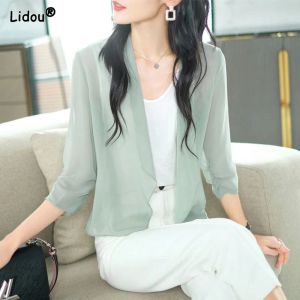 Camisa Oficina Dama Delgada Doble Capa Sólido Gasa Mujer Blusa Mangas Tres Cuartos Primavera Verano Puntada Abierta Liso Ropa De Mujer