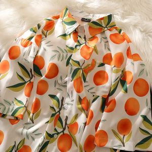 Chemise Orange Fruits Mignons Pêches Chemises Imprimées Lâche Demi Manches Chemisier D'été Drôle Hawaï Tops Surdimensionné Hommes Hip Hop Manteau Décontracté