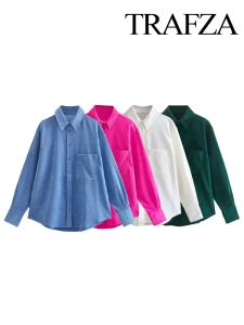 Camisa TRAFZA de otoño para mujer, camisa informal de pana de 4 colores, camisa holgada con botones de manga larga y bolsillo tipo parche a la moda, Top elegante para mujer