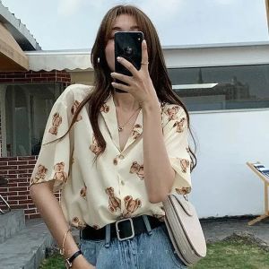 Shirt Vintage Tops Chiffon Beer Print Mooie Damesblouses Chique T-shirt met korte mouwen Stedelijk Los Casual Zomer Dameskleding