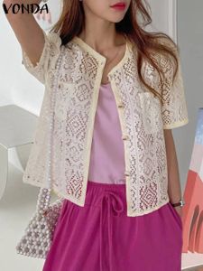 Overhemd Witte Kanten Blouse Dames Shirts Elegante Blouse Mode Korte Mouw Vesten 2023 Vonda Zomer Tops Knopen Casual Effen Blusas