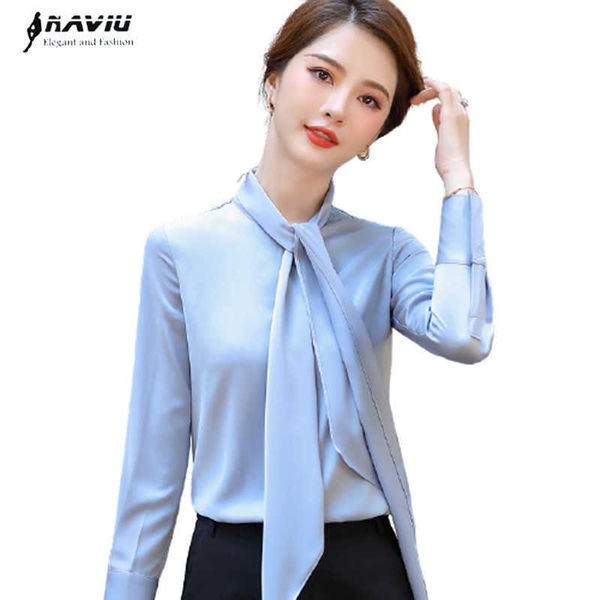 Chemise Femmes Mode Tempérament À Manches Longues Printemps Streamer Formelle Saitn Gris Blouses En Mousseline De Soie Bureau Dames Blanc Travail Tops 210604