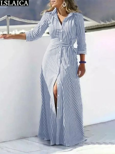 Robe féminine des femmes robes de fête élégante 2023 Longue robe de soirée Lacet Up Simple Summer Striped Robes Ladies Chic Trendy 231227