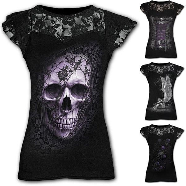 Chemise Femmes Été Mode Style Gothique À Manches Courtes Col Rond Crâne Dentelle Tops Plus Taille Chemises Femmes Multicolores Pulls 210315