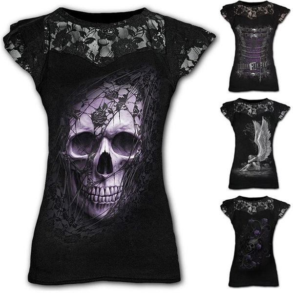 Chemise Femmes D'été De Mode Style Gothique À Manches Courtes Col Rond Crâne Dentelle Tops Plus La Taille Multicolore Femme Chemises Pulls 210720