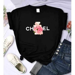 Chemise Femmes t Summer Cotton Flowers Perfume Blouse Fashion Print Graphic Tees Quality Quality Clourn Sleeve Tops Vêtements F2405 F2405 EES OPS