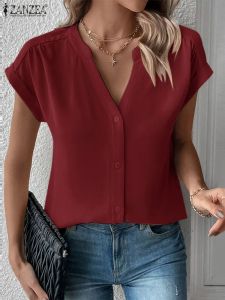 Shirt ZANZEA Mode Vrouwen OL Shirt Zomer Elegante Werk Blouse Vneck Korte Mouw Knoppen Up Blusas Casual Solid Party Tuniek tops