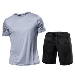 Shirts 2 Pcs/sets Men's Sportswear Short Sleeve Tshirt Athletic Wear Compression Suit Gym Elastic Tracksuit Ropa Deportiva Running Set