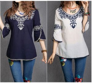 Chemises 2019 nouvelles femmes coton manches 3/4 mode motif de totem ethnique brodé bordé Ladylike hauts chemisier chemises livraison gratuite