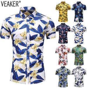 Shirts 2021 Nieuwe heren slanke fit bloemen bedrukte shirts mannelijke casual korte mouw Hawaiian Beach Flower Basic Tops Plus maat M7XL