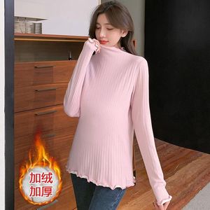 Camisas 2022 invierno mujeres embarazadas camisas cálidas con terciopelo color sólido manga larga cuello alto plisado maternidad tops básicos camiseta delgada