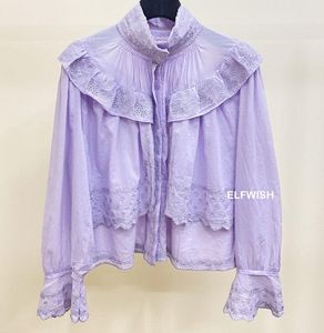 Shirts 2022 Vrouw Purple Shirt High Collar Lace Borduurde Detail Detail met lange mouwen Tops Fashion Capted Blouse