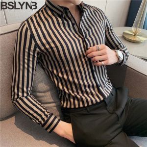 Overhemden 2023 Leeroverhemden Men Dek Verticale streepoverhemden Slim Men Casual shirt met lange mouwen mannelijke chemise homme smoking shirt