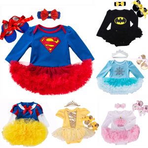 Shirts 3 stks nieuwste zomer peuter baby baby meisje katoen cartoon outfits set verjaardag romper + tutu jurk + hoofdband schattige babykleding
