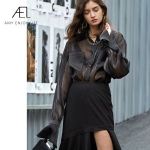 Chemises Ael noir Organza Blouse à manches longues haut style rétro femmes élégant lâche femmes hauts et chemisiers mode femme vêtements