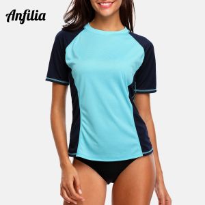 Camisas Anfilia, camisas DryFit de manga corta para mujer, traje de baño protector contra sarpullidos, camiseta para conducir, correr, ciclismo, Rashguard UPF 50+