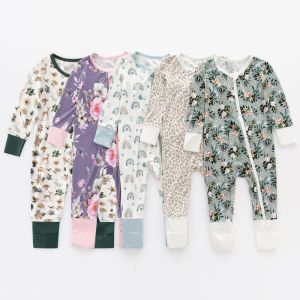 Shirts bamboo baby romper lange mouw dubbele ritsjekwateren bamboe viscose print jumpsuit baby kleding 024m