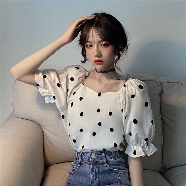 Chemises Blouses Mode Vintage Chic Coréen Été Col Carré À Manches Courtes Polka Dot Crop Top Noir Blanc Blusas Mujer Slim 210610