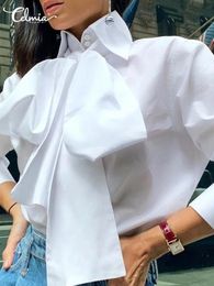 Chemises Celmia élégant blanc chemises femmes 2023 mode noeud papillon à manches longues hauts décontracté fête Blouse automne tunique solide Blusas Femininas