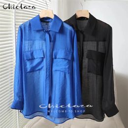 Chiclaza 2022 Nieuwe Vrouwen Lente Herfst Mode Shirt Vrouwelijke Casual Lange Mouwen Slanke Zakken Ontwerp Effen Blouses Eenvoudige Tops