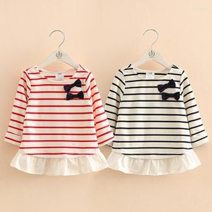 Chemises enfants nœud papillon hauts 2022 arrivée printemps automne 2-10 ans enfants vêtements bande Patchwork à manches longues col rond t-shirt bébé fille