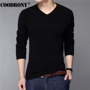 Shirts coodrony casual slanke fit trui mannen klassiek pure zwarte pullover mannen solide kleur vneck pull homme kasjmier wollen truien shirts