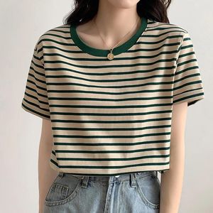 Chemises Coton T-shirt Femmes 2023 Été Lâche Rayé T-shirts Décontracté O Cou De Base Dames Vêtements Mode Coréenne Tshirt Femme Tee Top