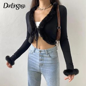 Shirts Darlingaga Herfst Winter Nepbont Trim Lange Mouw T-shirts Front Tie Up Gebreide Sexy T-shirt Vrouwen Vest cropped Top Tee Nieuwe