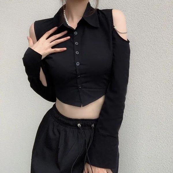 Camisas Deeptown Blusas negras para mujer con hombros descubiertos Top corto sexy Túnicas góticas Y2k Camisas de manga larga Harajuku Moda Punk Goth Kpop