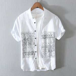Chemises Designer New Chinese Style Cotton Linen Shirt Men Men Shirts à imprimé blanc à manches courtes pour hommes