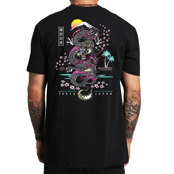 Chemises Dragon T-shirt japonais arrière imprimé anime tshirt cool culture cerise fleurs gang streetwear eu size tops tee homme