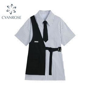 Shirts jurk vrouwen twee stuk set zomer preppy stijl korte mouw lace up zwart bijgesneden vest Koreaanse kleding 210515