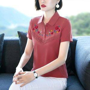 Shirts Borduren Bloem Mode Koreaanse Polo Shirts Vrouwen Korte Mouw Katoen Casual Polo Tops Vrouwelijke Kraag 2022
