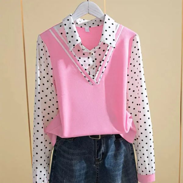 Chemises Fake Two Two Polka Dot Print Fotting Shirts Top Fashion Allmatch Longsleeved Polo Collar Blouse Women M5xl