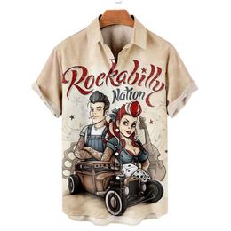 Shirts voor mannen 3D Vintage Mode Viool Rocker Gedrukt Rockabilly Hawaiiaans Shirt Korte Mouw Top Homme Harajuku Ropa Hombre 220812