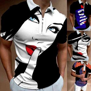 Shirts voor Mannen Gezichtskunst Print Korte Mouw T-shirts Streetwear Mens Kleding Grafische T-shirts Turn Down Collar Rits Shirt Tops G1222