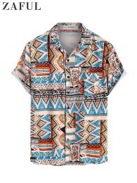 Shirts voor mannen tribale print etnische blouses zomer streetwear shirt revers vakantie korte mouwen knoop bovenaan met zak