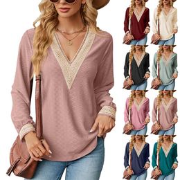 Camisas para mujer, color liso, manga acampanada, tops de verano para mujer, plisados, tallas grandes, tops y blusas de verano para mujer, encaje con cuello en V, ropa informal de negocios