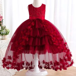 Shirts Girls 'Lace Bow Dress 412 jaar oud temperament bloem pailletten achterstand prinsesjurk 2023 Nieuw carnaval feest formele jurk