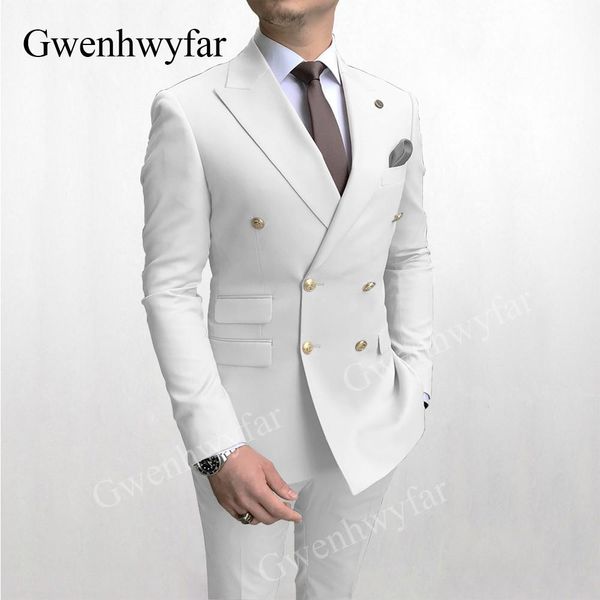 Chemises Gwenhwyfar Sky Blue Men Cost Double Breasted 2020 Dernier design Gold Button Groom Wedding Tuxedos Best Costume Homme 2 Pieces